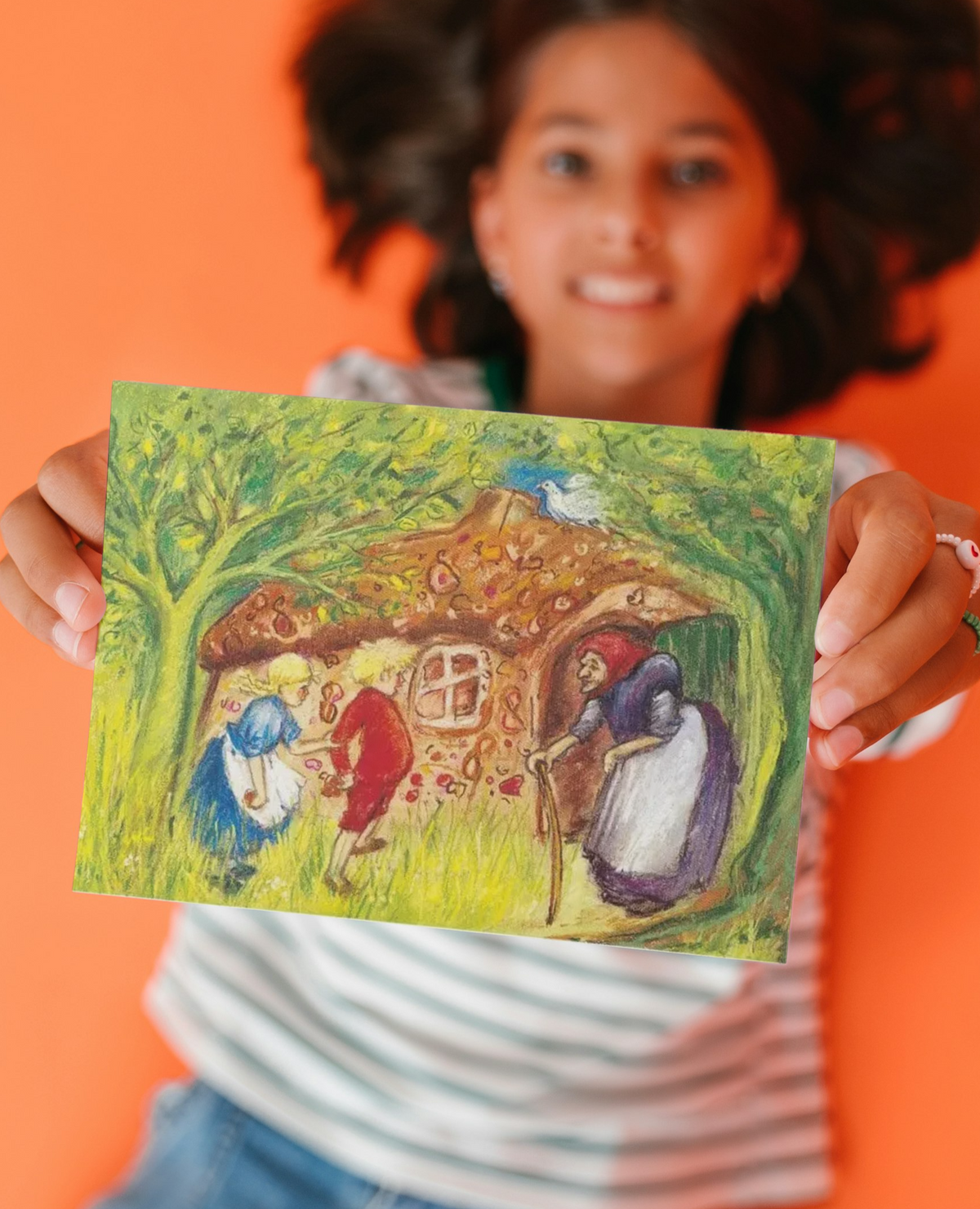 Ansichtkaart met Hans en Grietje, sprookjesillustratie op stevig karton - Waldorf Winkel