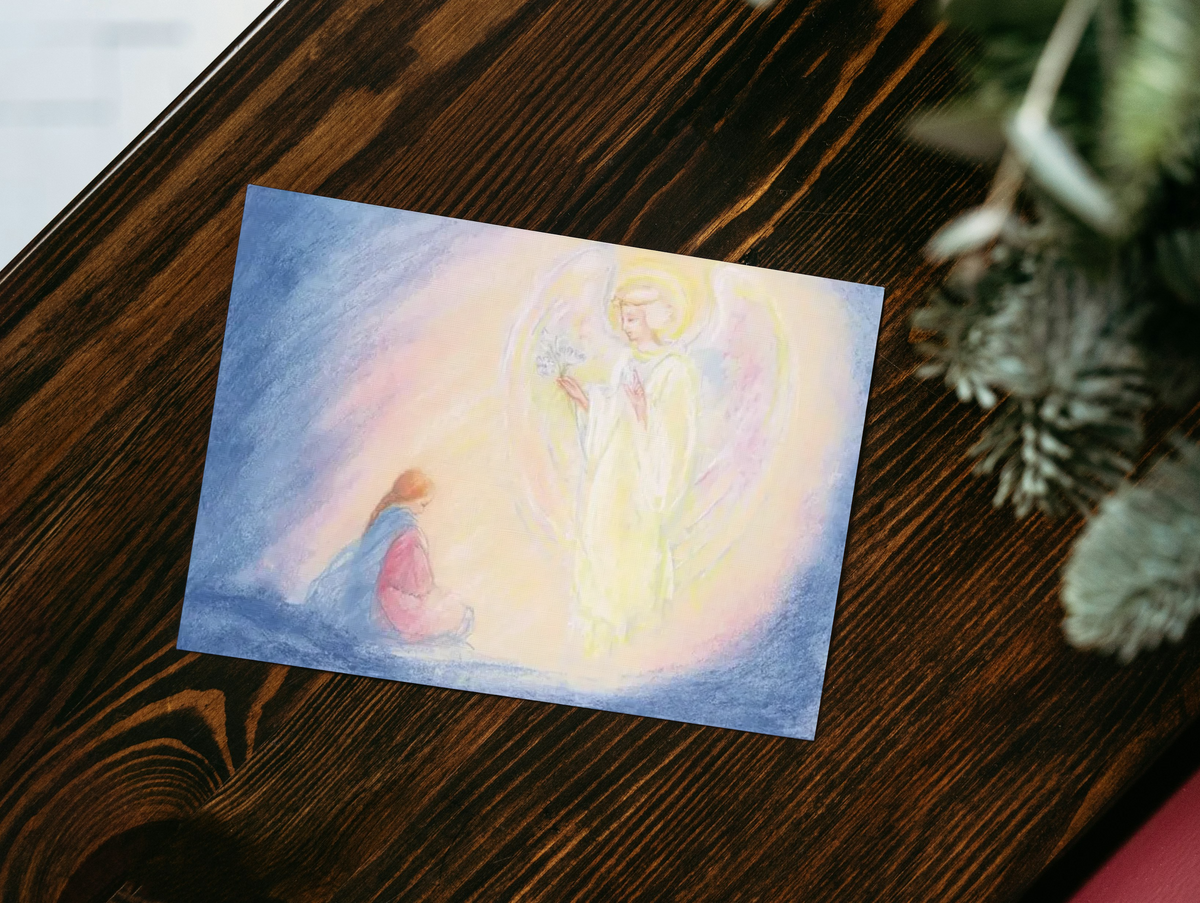 Ansichtkaart voor advent met Maria en een engel, sprookjesillustratie - Waldorf Winkel