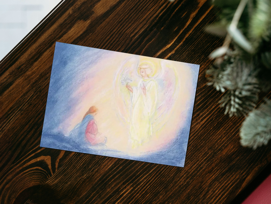 Ansichtkaart voor advent met Maria en een engel, sprookjesillustratie - Waldorf Winkel
