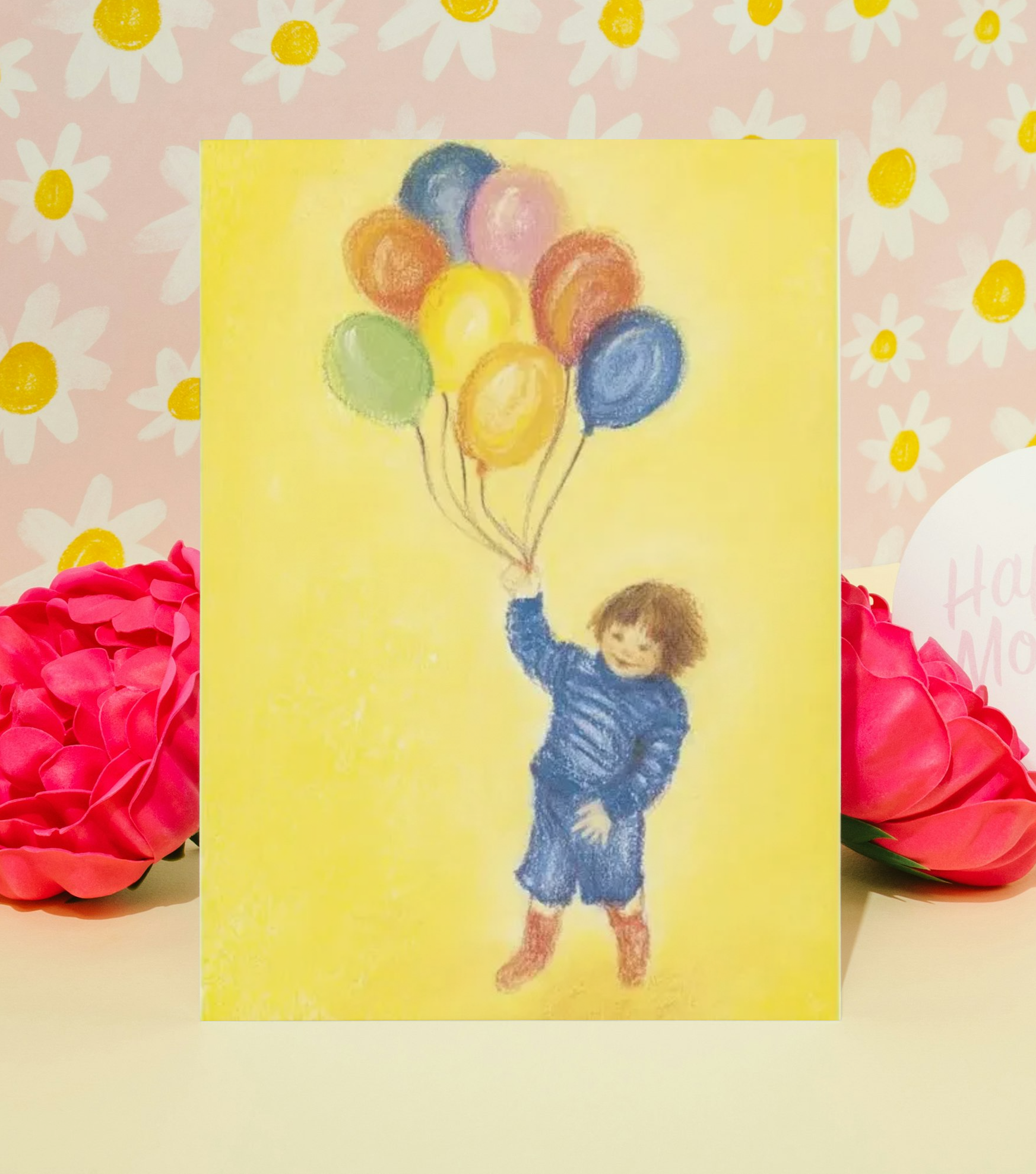 Ansichtkaart met een kind met ballonnen, vrolijke illustratie in geel - Waldorf Winkel