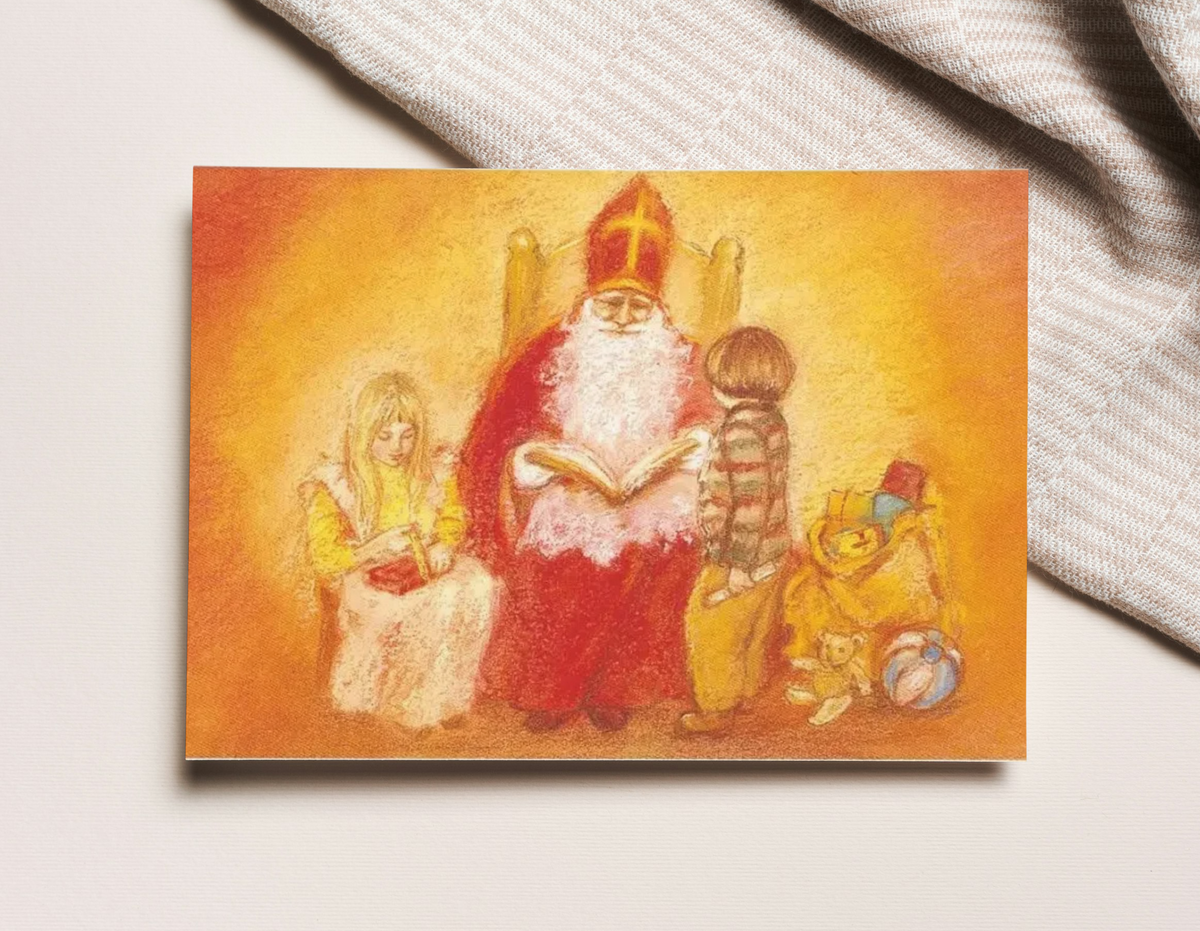Ansichtkaart met Sinterklaas, sprookjesillustratie in geel, oranje en rood - Waldorf Winkel