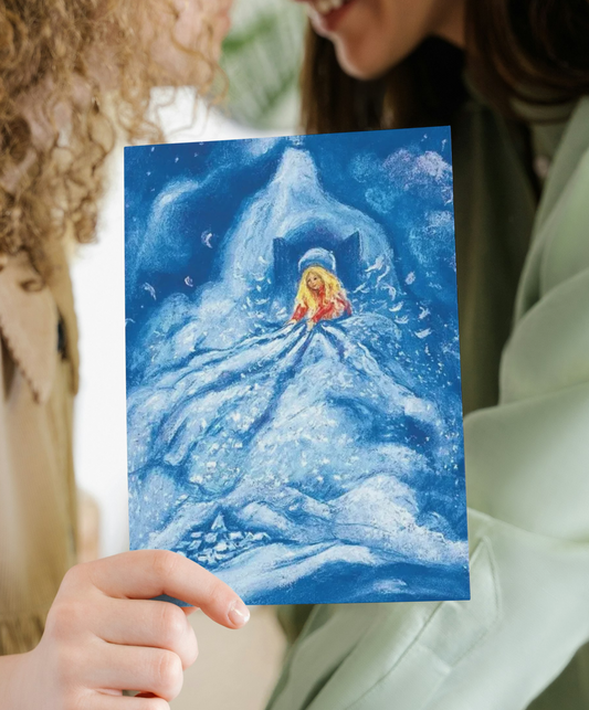 Ansichtkaart met Vrouw Holle in blauwtinten, sprookjesillustratie - Waldorf Winkel
