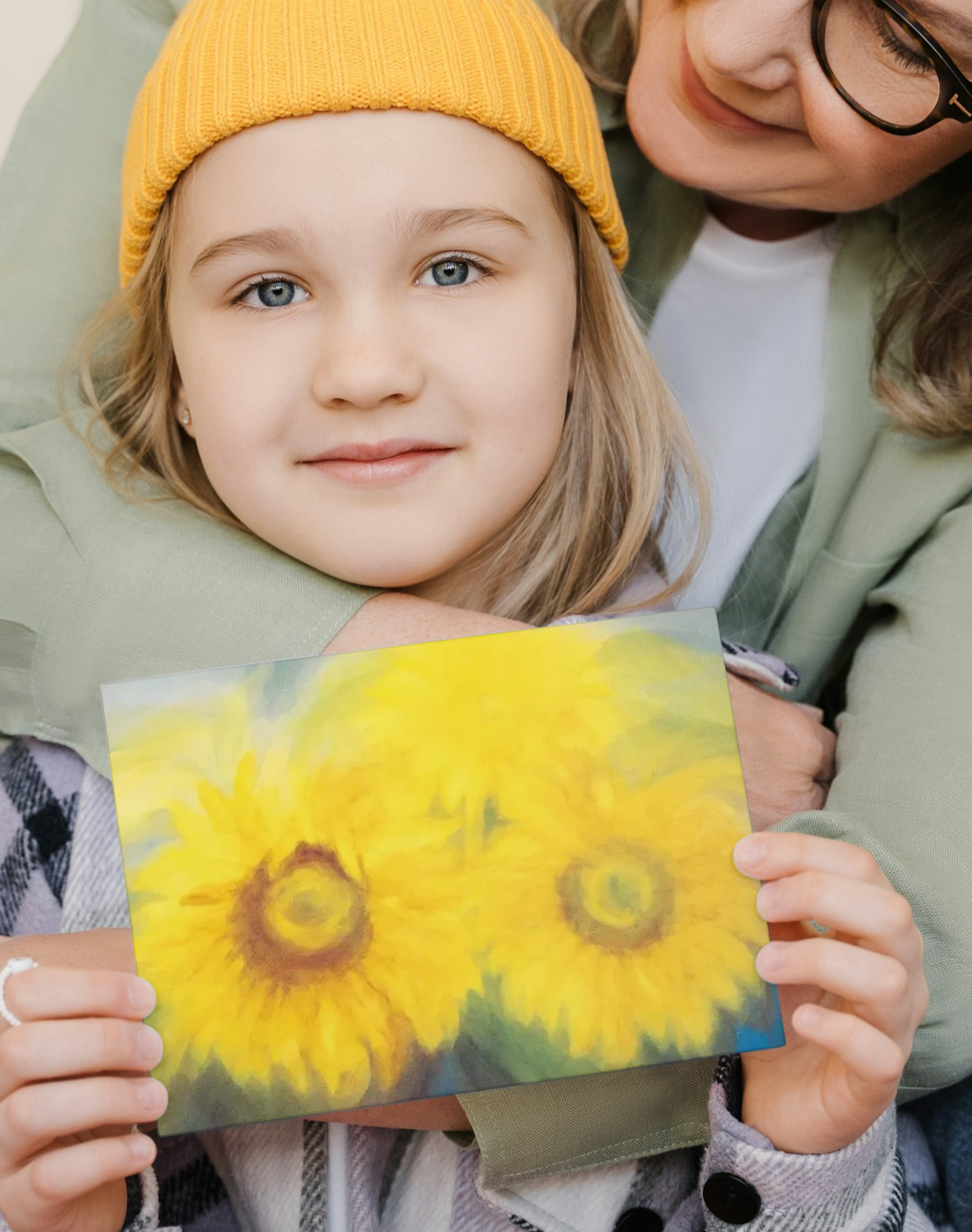 Ansichtkaart met zonnebloemen in geel, sprookjesachtige illustratie - Waldorf Winkel