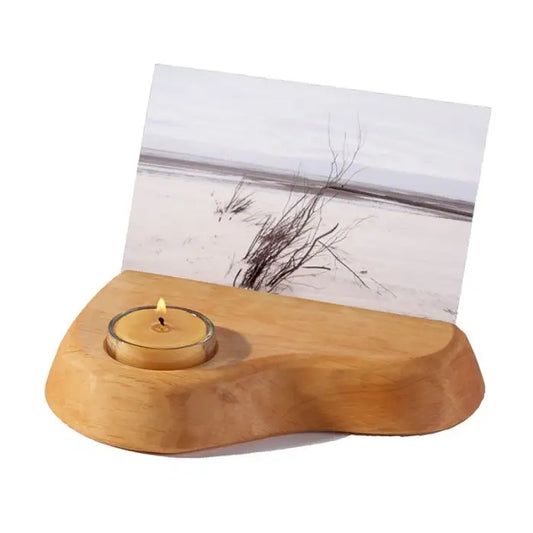 Houten fotohouder van elshout met een bijenwas theelichtje in glas - Waldorf Winkel